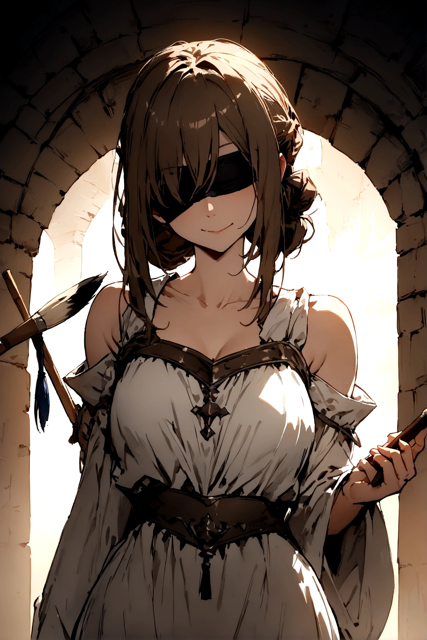 ((masterpiece)), ((best quality)), (from front, facing front:1.32), (close-up:1.2), (half-body shot:1.36), (middle part hairstyle), perfect anatomy, 1girl, solo, adult woman, short brown straight hair, blindfolded, basic medieval white loose dress, holding a paintbrush, smiling