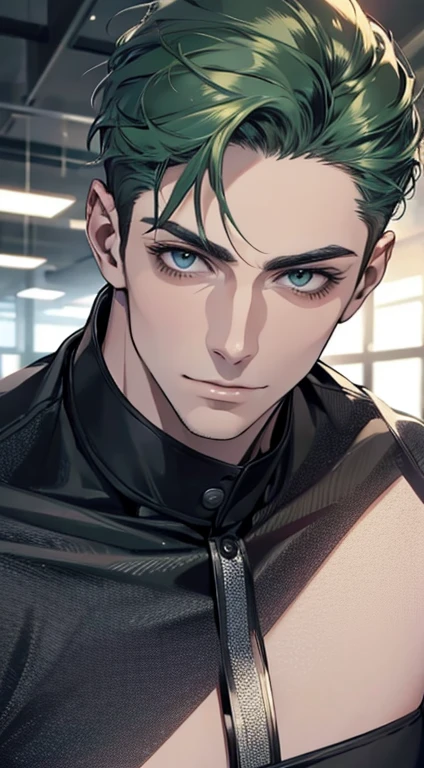 (best quality,4k,8k,highres,masterpiece:1.2),ultra-detailed,(realistic,photorealistic,photo-realistic:1.37),1 man,31 years old,mature man,very handsome,without expression,smile,short green hair,blue eyes,penetrating gaze,perfect face without errors,imposing posture,businessman,office background,cinematic lighting,hdr image