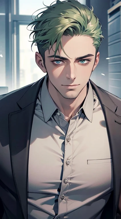 (best quality,4k,8k,highres,masterpiece:1.2),ultra-detailed,(realistic,photorealistic,photo-realistic:1.37),1 man,31 years old,mature man,very handsome,without expression,smile,short green hair,blue eyes,penetrating gaze,perfect face without errors,imposing posture,businessman,office background,cinematic lighting,hdr image