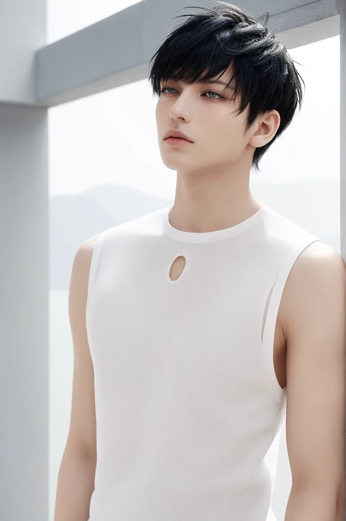 {a extremely delicate and beautiful girl}, {extremely delicate and beautiful girl}, {{{soft focus}}}, {{{perfect details}}}, {{{detailed and beautiful}}}, close shot, looking away, {{depthoffield}}, look up to, beautiful detailed fullbody, longuette, woman, young, A man with has short black hair, spiked hair, wept bangs, grey hair, Perfect face, ?, detailed beautiful eyes, white skin, piercing, harajuku fashion, sleeveless shirt, open clothes, landscapes, white background, blurry background, cinematic lighting, flowing transparent white, {{{best masterpiece}}}, {{{best quality}}}, {{{extremely detailed 8K wallpaper}}},