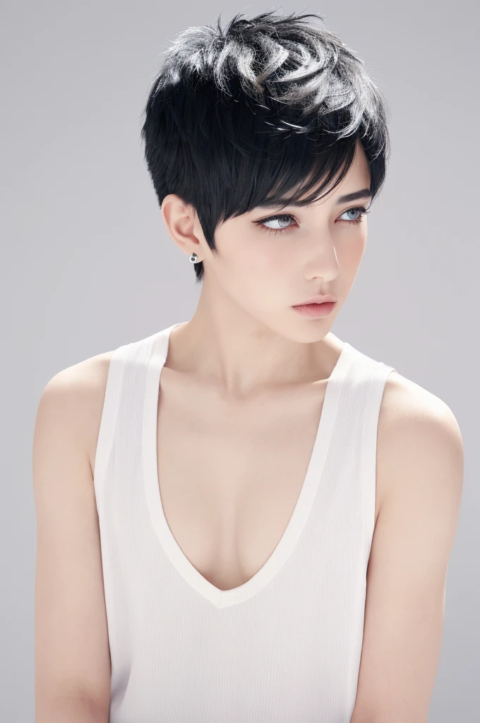 {a extremely delicate and beautiful girl}, {extremely delicate and beautiful girl}, {{{soft focus}}}, {{{perfect details}}}, {{{detailed and beautiful}}}, close shot, looking away, {{depthoffield}}, look up to, beautiful detailed fullbody, longuette, woman, young, A man with has short black hair, spiked hair, wept bangs, grey hair, Perfect face, ?, detailed beautiful eyes, white skin, piercing, harajuku fashion, sleeveless shirt, open clothes, landscapes, white background, blurry background, cinematic lighting, flowing transparent white, {{{best masterpiece}}}, {{{best quality}}}, {{{extremely detailed 8K wallpaper}}},