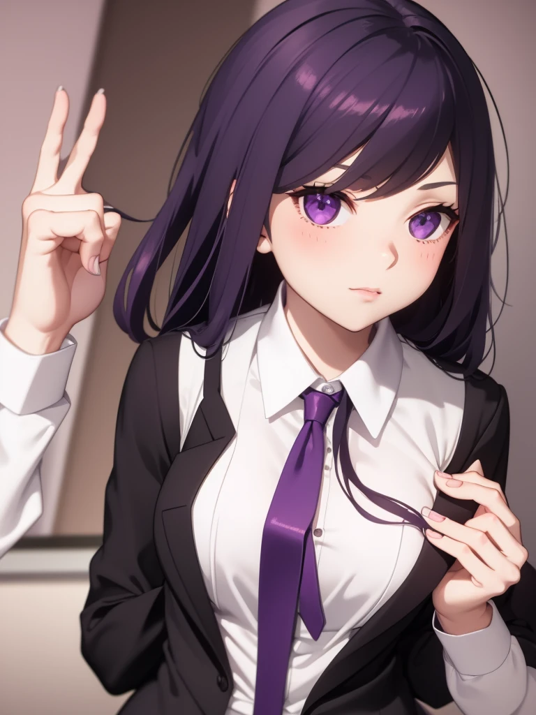 One girl, alone, bangs, blush, Place your hand on your chest, Jill Stingray, Long sleeve, View your viewers, Purple Hair, Medium chest, tie, shirt, alone, Upper Body, Best,  bartender, Best, white shirt,