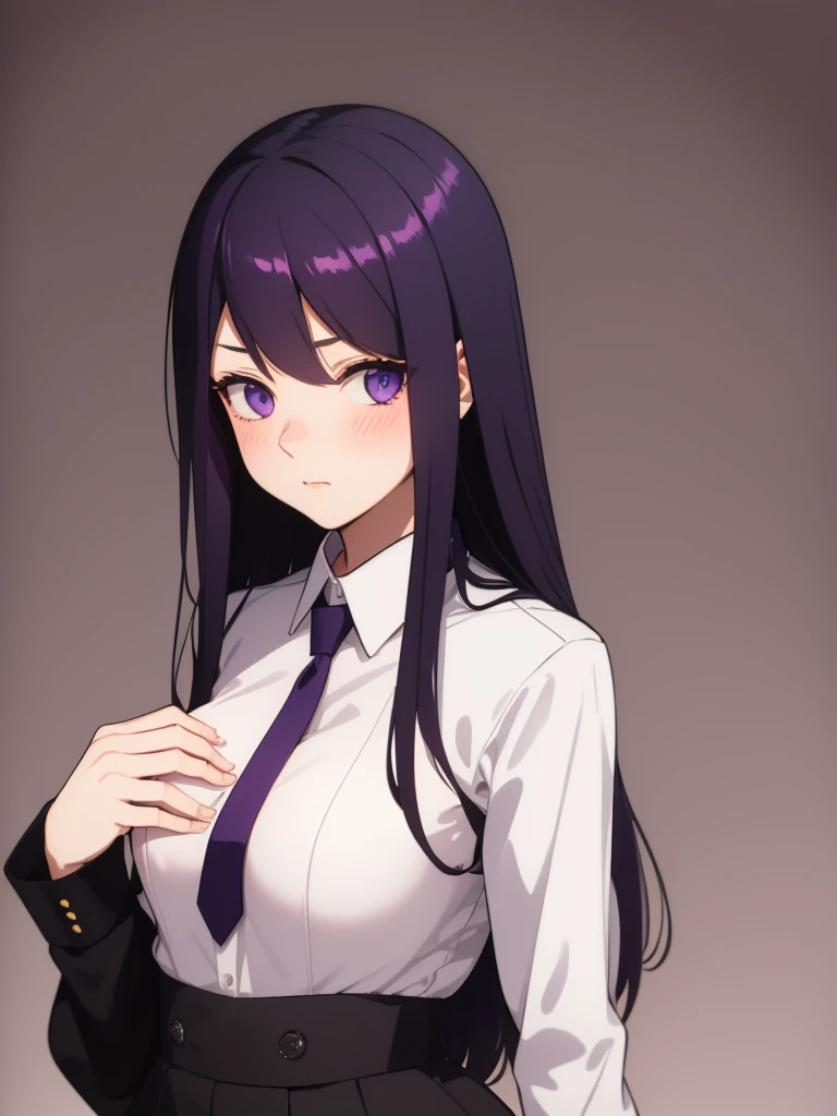 One girl, alone, bangs, blush, Place your hand on your chest, Jill Stingray, Long sleeve, View your viewers, Purple Hair, Medium chest, tie, shirt, alone, Upper Body, Best, bartender, Best, white shirt,