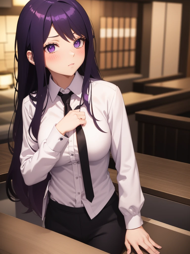 1girl, table humping, crotch rub, white shirt, pencil skirt,
office, white panties, skirt lift, lanyard, table, lifting, multiple boys,suggestive fluid,, masterpiece, best quality, highly detailed, long purple hair, purple eyes