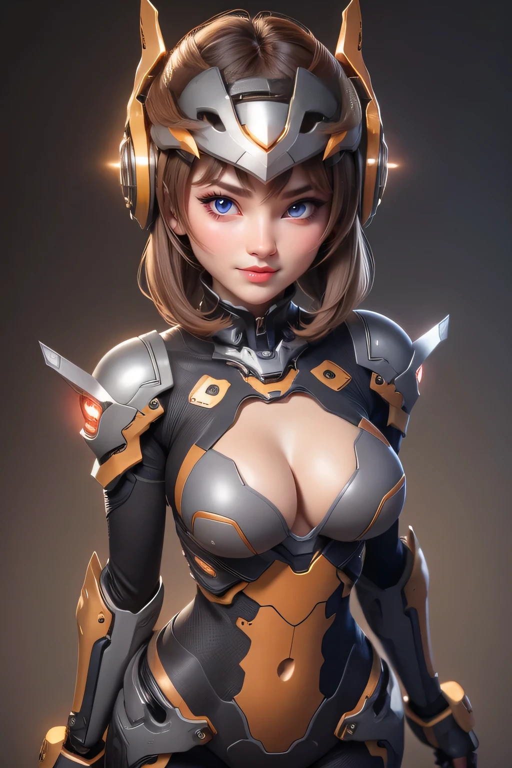 1 cute girl (18yo) , upper body, slim waist, natural medium breast, sexy pose, happy face, bangs, random hairstyle, cleavage,, , seductive smile, wear intricately detail hot and sexy outfit, mecha costume, wear unique helmet, brown color, upper body. flat gray color for background