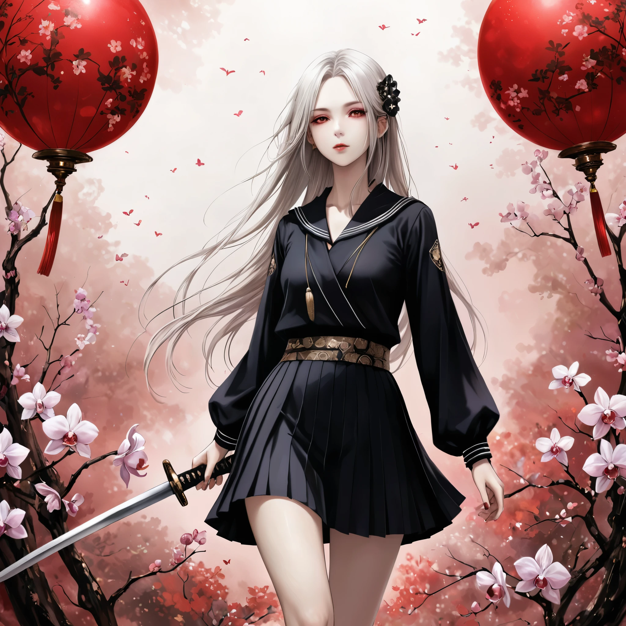 (in style of Santiago Caruso:1.1),1 Girl,Black sailor suit pleated skirt,Blurred foreground,orchid,White long hair blowing in the wind,Background blur,Red sphere background,Standing,Japanese sword,握着Japanese sword,(眼睛被orchid盖住),A transparent bioluminescent bone snake wrapped around the body