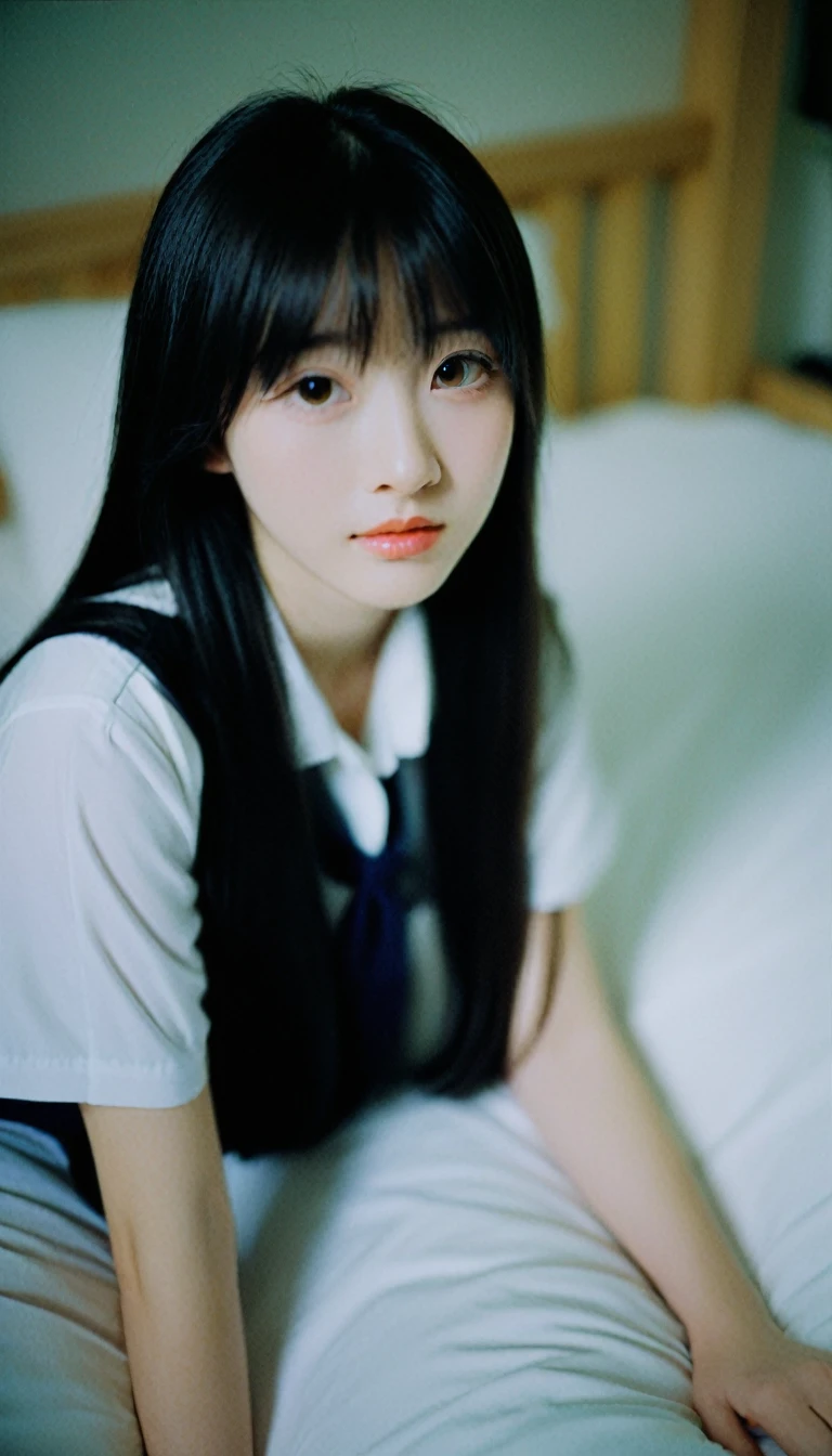 japanese cute girl, young face,white pale skin, bangs,black hair,long hair,small face, ,on bed ,soft body, 18 year old girl, night time, ,(huge breasts,) , detailed skin textures, bokeh, , night lighting, ,(close up) 4k uhd, dslr, soft lighting, high quality, Fujifilm XT3 low light, direct flash, polaroid sx-70 analog film, CyberRealistic_Negative, film grain,White collared school shirt、、high school girl、Girls' High 、Navy blue pleated skirt、(Cleavage)open clothes