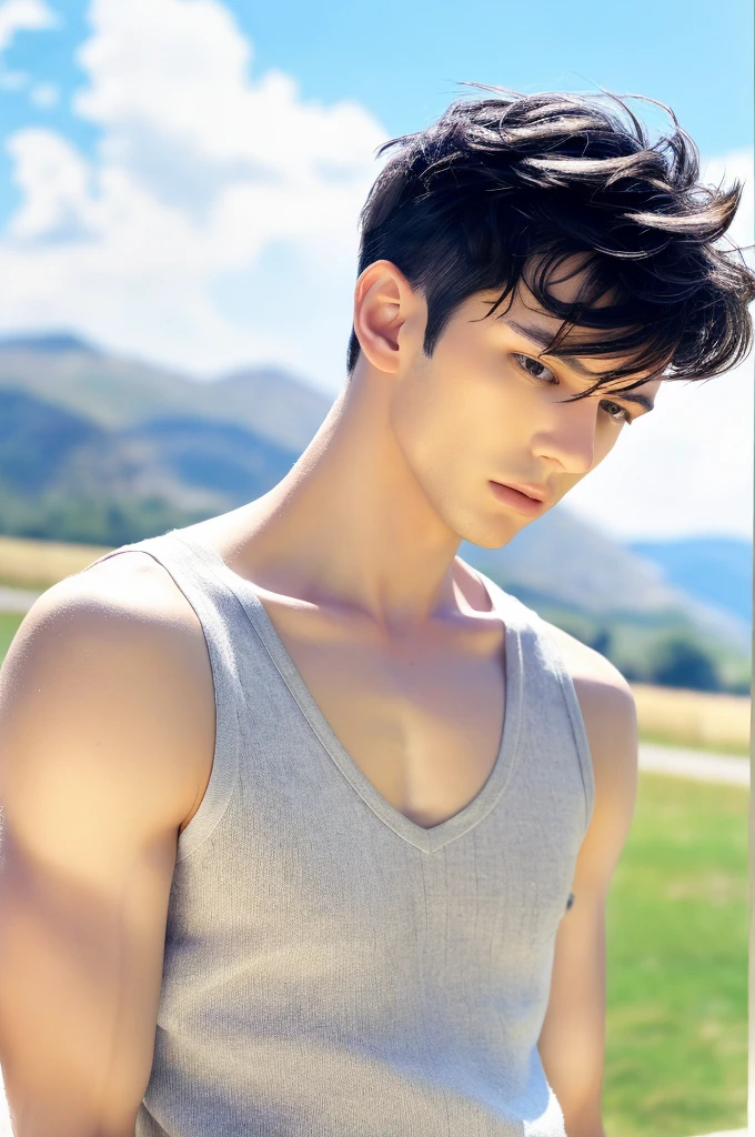 {a extremely delicate and beautiful girl}, {extremely delicate and beautiful girl}, {{{soft focus}}}, {{{perfect details}}}, {{{detailed and beautiful}}}, close shot, looking away, {{depthoffield}}, look up to, beautiful detailed fullbody, longuette, woman, young, A man with has short black hair, spiked hair, wept bangs, grey hair, Perfect face, ?, detailed beautiful eyes, white skin, piercing, harajuku fashion, sleeveless shirt, open clothes, landscapes, white background, blurry background, cinematic lighting, flowing transparent white, {{{best masterpiece}}}, {{{best quality}}}, {{{extremely detailed 8K wallpaper}}},