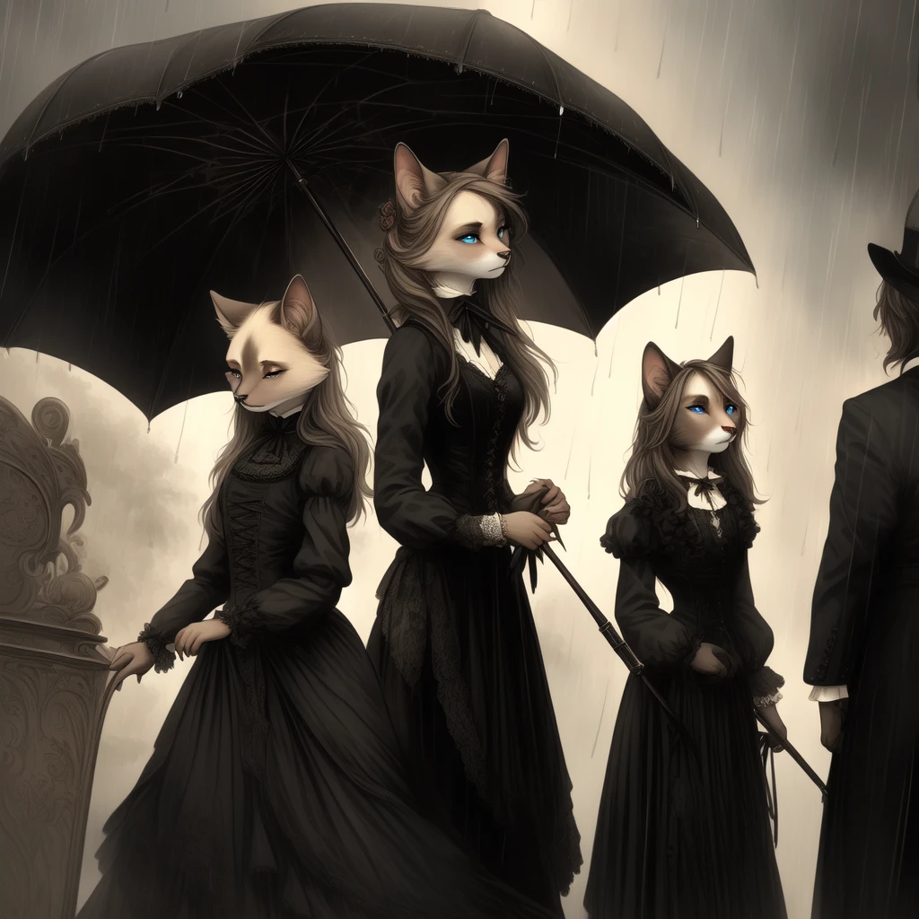anthropomorphic furry female Siamese cat, with long brown hair, blue eyes, cloudy weather, rain, rainy weather, autumn season, Victorian-goth, gothic, gothic-woman, gothic girl, stands Victorian style, Victorian Gothic, Victorian era, holds an umbrella in cookies, stands at the platform, sad look(detailed), looks at the departing train, watches the departing train, 32k, r34 ,yiff.
Artist: Wyla