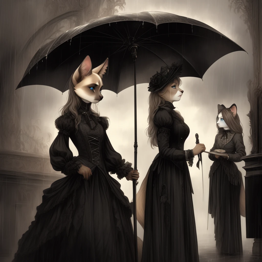 anthropomorphic furry female Siamese cat, with long brown hair, blue eyes, cloudy weather, rain, rainy weather, autumn season, Victorian-goth, gothic, gothic-woman, gothic girl, stands Victorian style, Victorian Gothic, Victorian era, holds an umbrella in cookies, stands at the platform, sad look(detailed), looks at the departing train, watches the departing train, 32k, r34 ,yiff.
Artist: Wyla