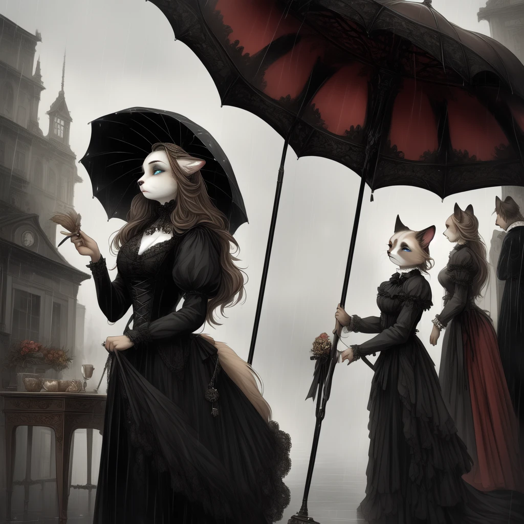 anthropomorphic furry female Siamese cat, with long brown hair, blue eyes, cloudy weather, rain, rainy weather, autumn season, Victorian-goth, gothic, gothic-woman, gothic girl, stands Victorian style, Victorian Gothic, Victorian era, holds an umbrella in cookies, stands at the platform, sad look(detailed), looks at the departing train, watches the departing train, 32k, r34 ,yiff.
Artist: Wyla