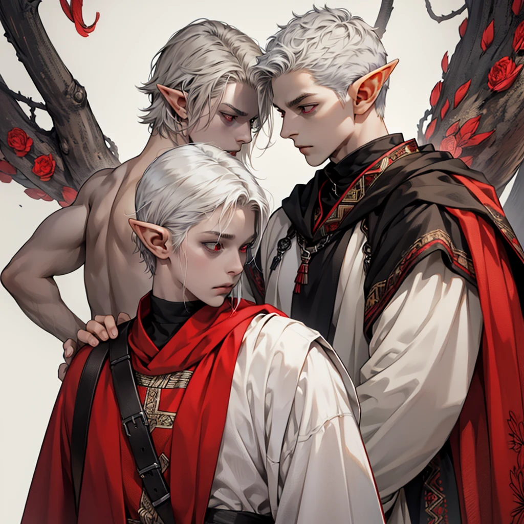 yung Elf,ager, grey skin, White short hair, red eyes, dark clothes, black face patterns. full height. sad, tired