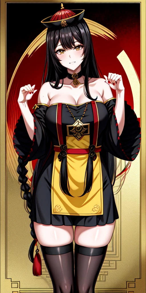 masterpiece, best quality, 4k, 8k, 1 woman, solo, tall stature, long hair, blunt bangs, side braid, black hair, droopy eyes, big eyes, ruby red eye, lemon yellow eye, black eyeliner, black eye shadow, heterochromia, slender frame, evil smile, ofuda, jiangshi costume:1.2, fang, horror, coffin, forest, night, midnight, fog, from front, cowboy shot, look at viewer, paw pose,