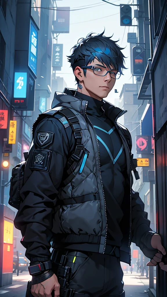 Grey and blue mesh short hair、Glasses、male、Tactical Vest、whole body、cyber punk、City of night