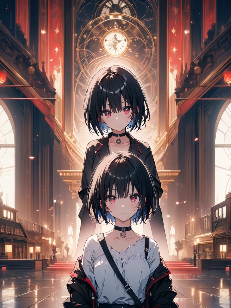 (masterpiece, highest quality, highest quality, (No text), Beautiful and aesthetic:1.2),No text,アニメ、BREAK,One Girl，Black Hair Girl　short hair　older sister　choker　Tree Eyes　Beautiful eyes　Red eyes　cool　smile　Red and Black　Black jacket　mini skirt　whole body　In town