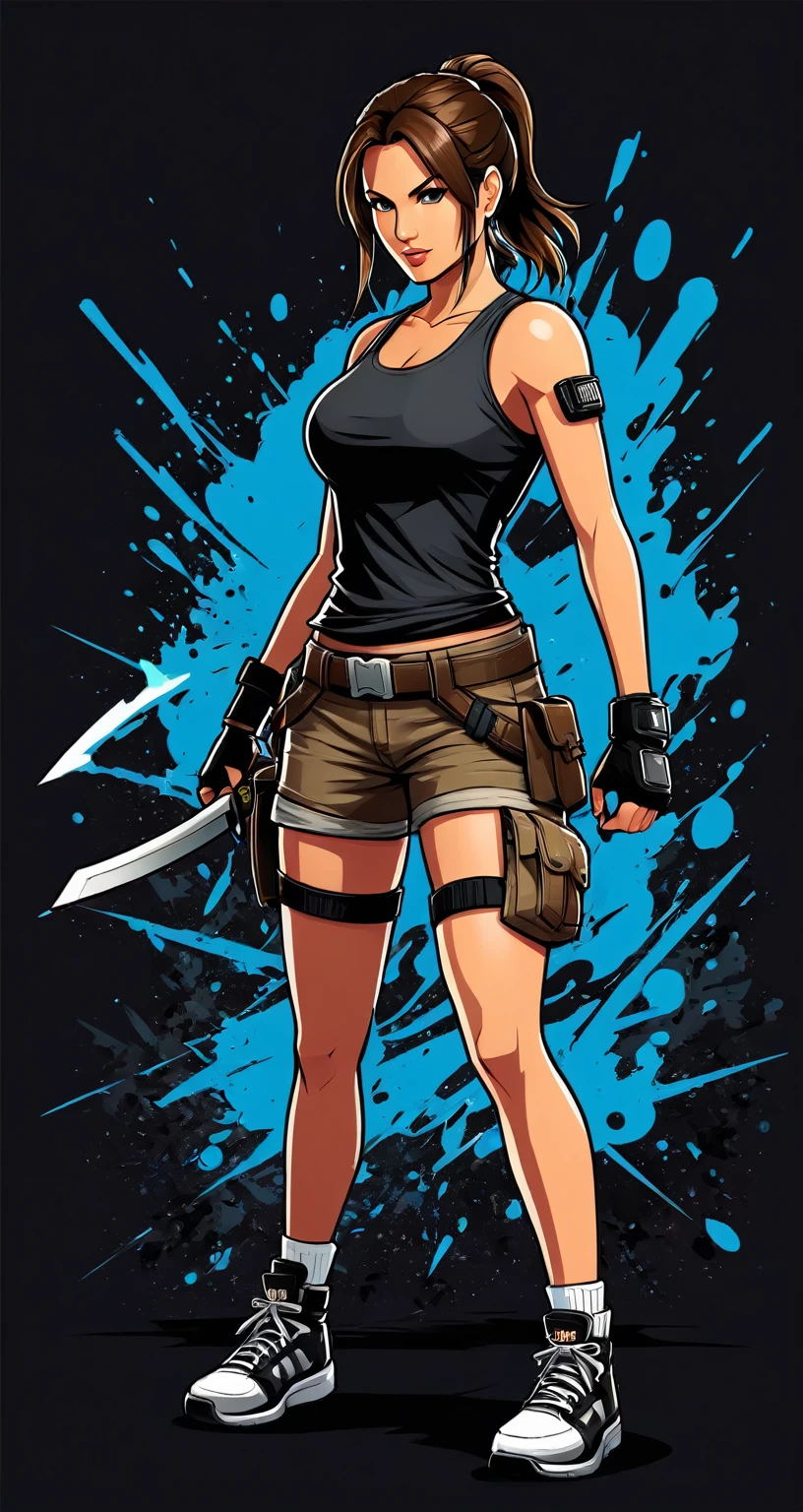 Lara Croft style fighting game, Hip-Hop Style, t shirt design, flat-colors, vectorial art, ((black backdrop)) . dynamic, Vibrant, full of action, detailed character design, reminiscent of fighting video games