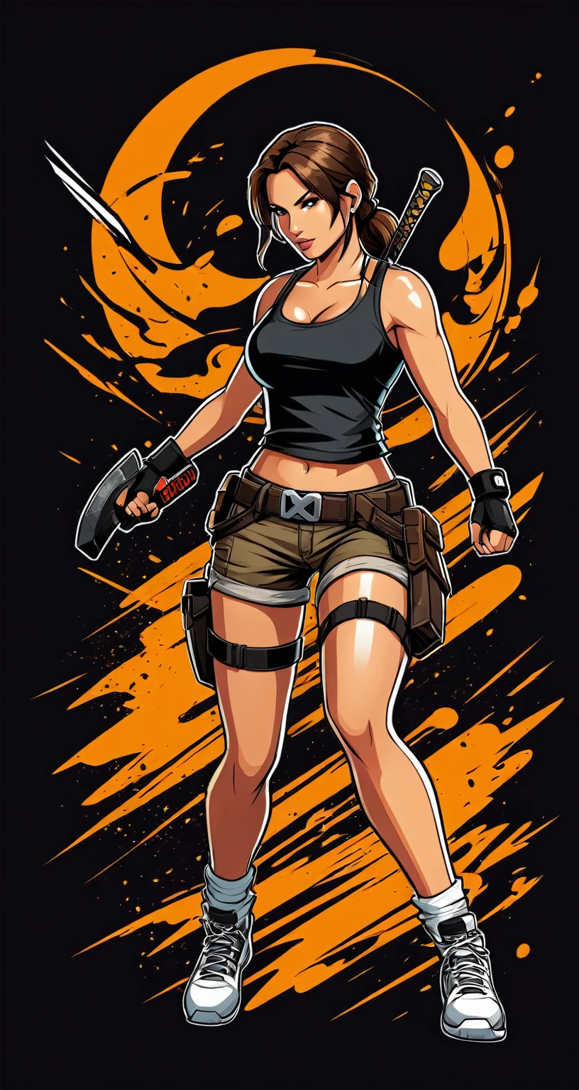 Lara Croft style fighting game, Hip-Hop Style, t shirt design, flat-colors, vectorial art, ((black backdrop)) . dynamic, Vibrant, full of action, detailed character design, reminiscent of fighting video games