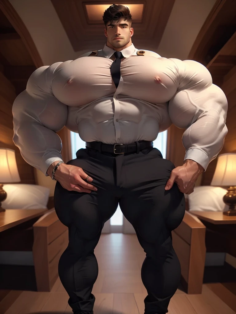 best quality,masterpiece,1boy, men,A handsome,mature man, militar. Looking at viewer, model shot. Brutalmass, giant, muscular physique, bulk. His features are well-proportioned and symmetrical,giving him a classic and handsome appearance. He is dressed in a stylish and sophisticated outfit,comprising a tailored suit jacket,crisp white shirt,and sleek black pants. Overall,the man exudes charisma,charm,and an air of sophistication and refinement.,Gothic,skyscraper,wood,
