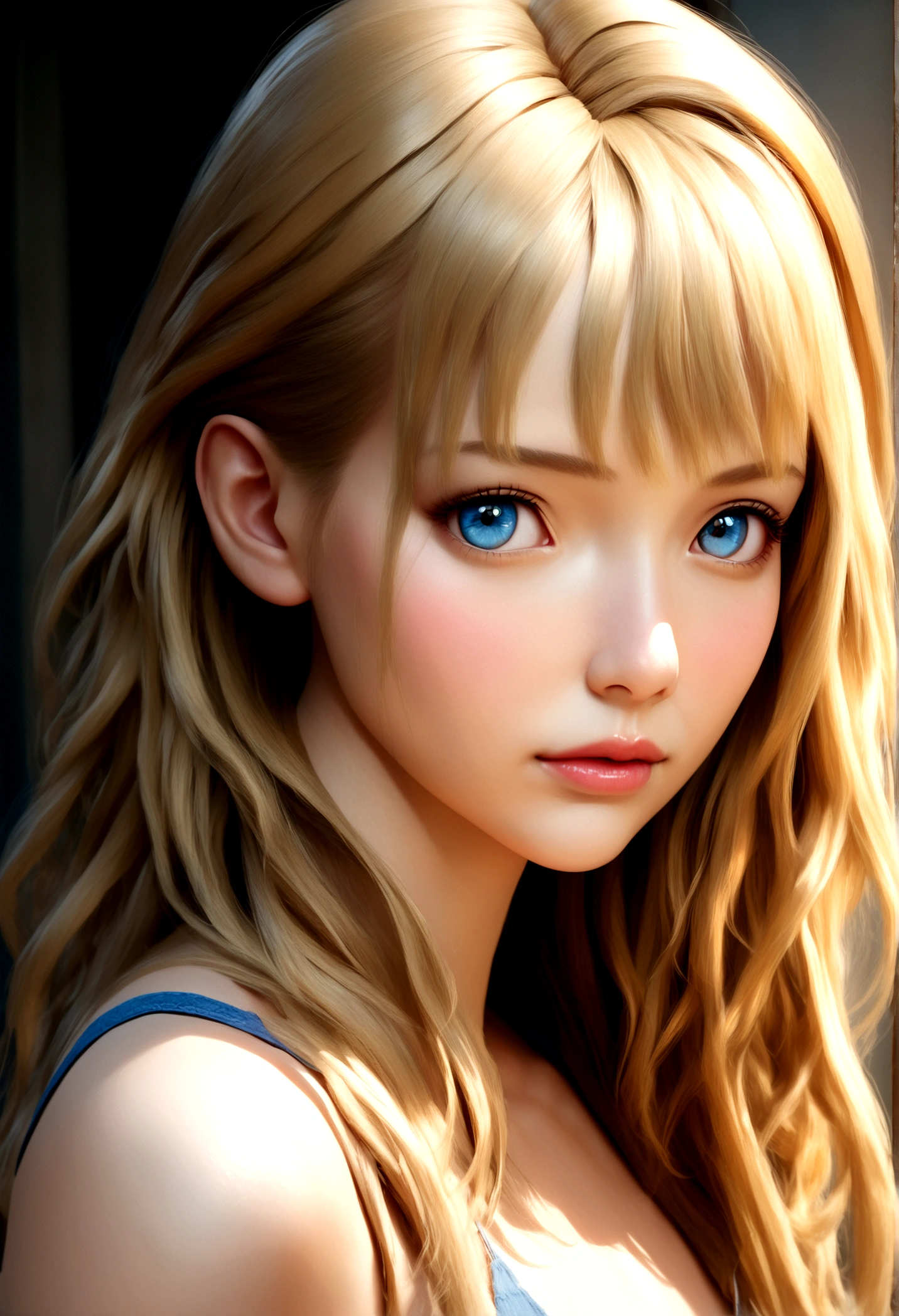 Blonde woman with long hair and wearing blue bra and underwear posing for a photo, Realistic anime art style, Photorealistic anime girl rendering, Smooth anime CG art, Anime realism style, Realistic art style, Realistic young anime girl, Gorgeous digital painting, Realistic Anime 3D Style, Beautiful anime portraits, Realistic anime art style, Close-up character portraits, 3D Anime Real, Anime style portrait