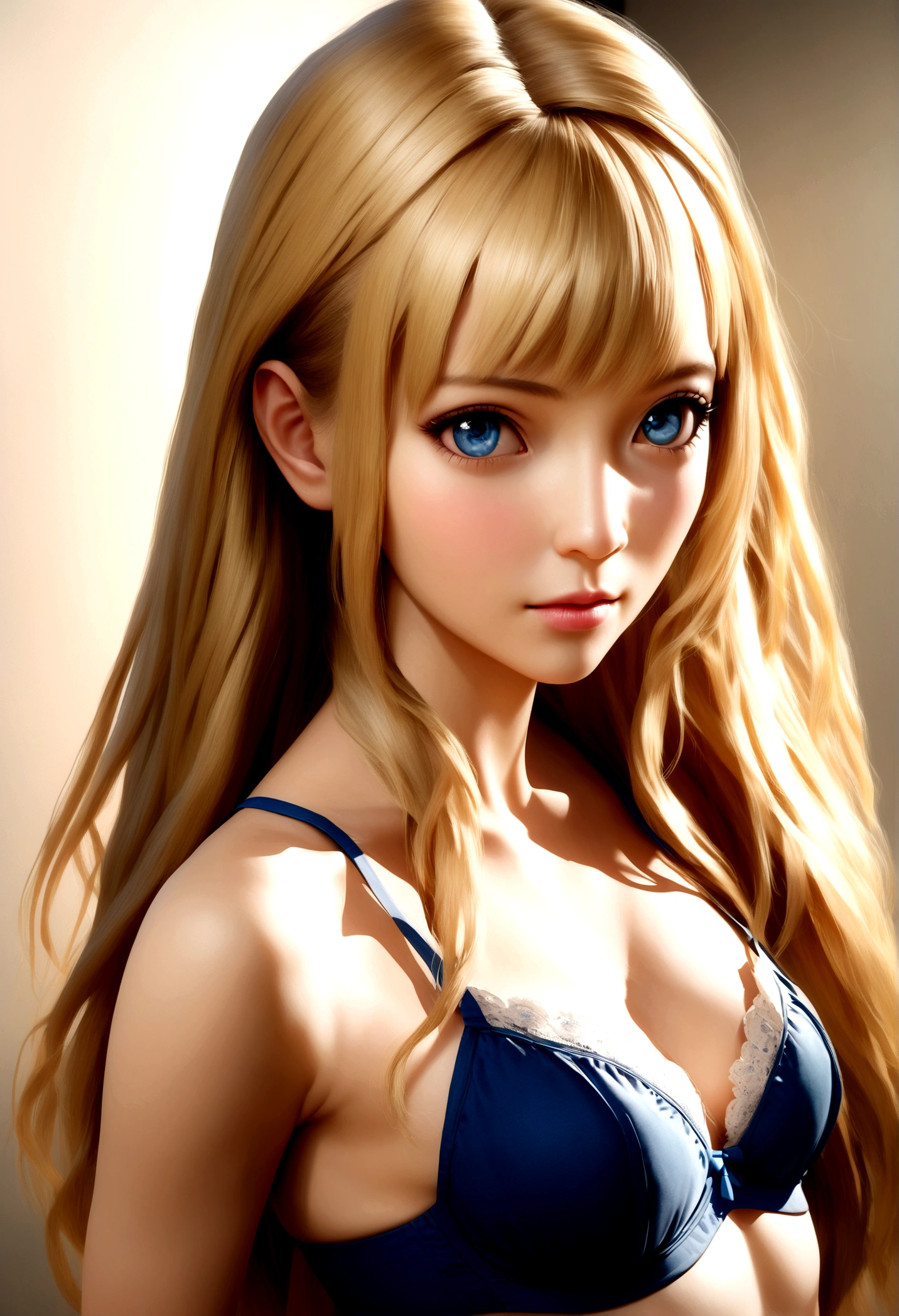 Blonde woman with long hair and wearing blue bra and underwear posing for a photo, Realistic anime art style, Photorealistic anime girl rendering, Smooth anime CG art, Anime realism style, Realistic art style, Realistic young anime girl, Gorgeous digital painting, Realistic Anime 3D Style, Beautiful anime portraits, Realistic anime art style, Close-up character portraits, 3D Anime Real, Anime style portrait