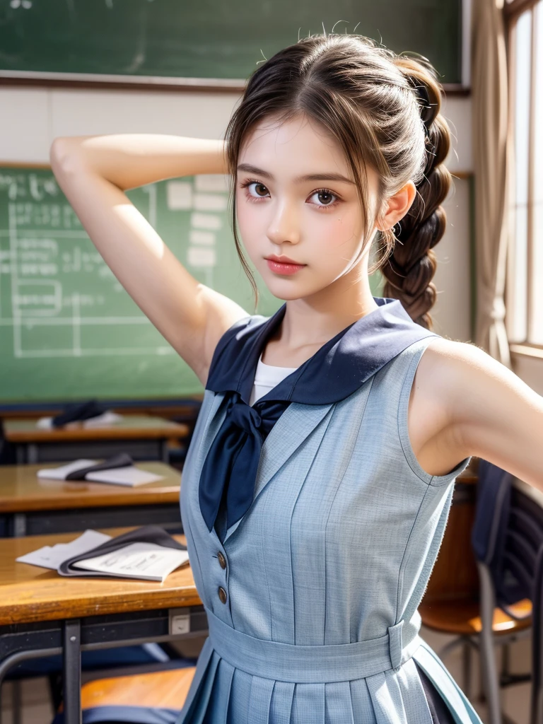 （masterpiece，Best quality，high quality，high risk，Ultra Detailed）,8K，masterpiece，RAW photos，best quality，Reality, intricate detail face，1 Girl，Detailed fabric texture，School，classroom，20 years old，Upper Body，（Uniforms，Show your armpits，Braids，Single ponytail：1.5）