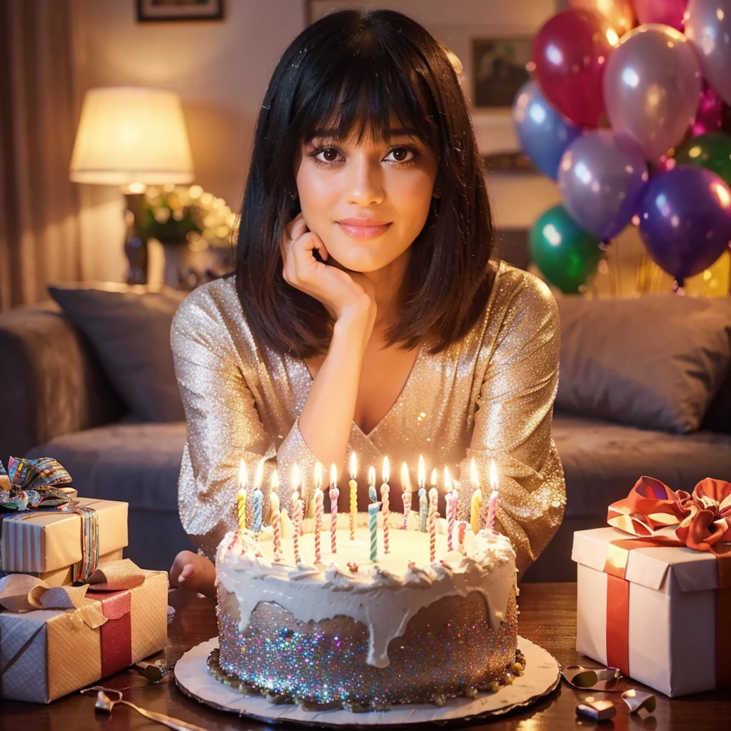 A scene depicting a birthday celebration: a glittering birthday cake decorated with burning candles sits in front of a cheerful 30-year-old South Asian woman, shoulder-length straight black hair with bangs, surrounded by colorful balloons and wrapped in gifts. She was dressed in casual yet classy attire, her hands gently hovering over the cake, ready to blow out the candles against the backdrop of her well-decorated living room.