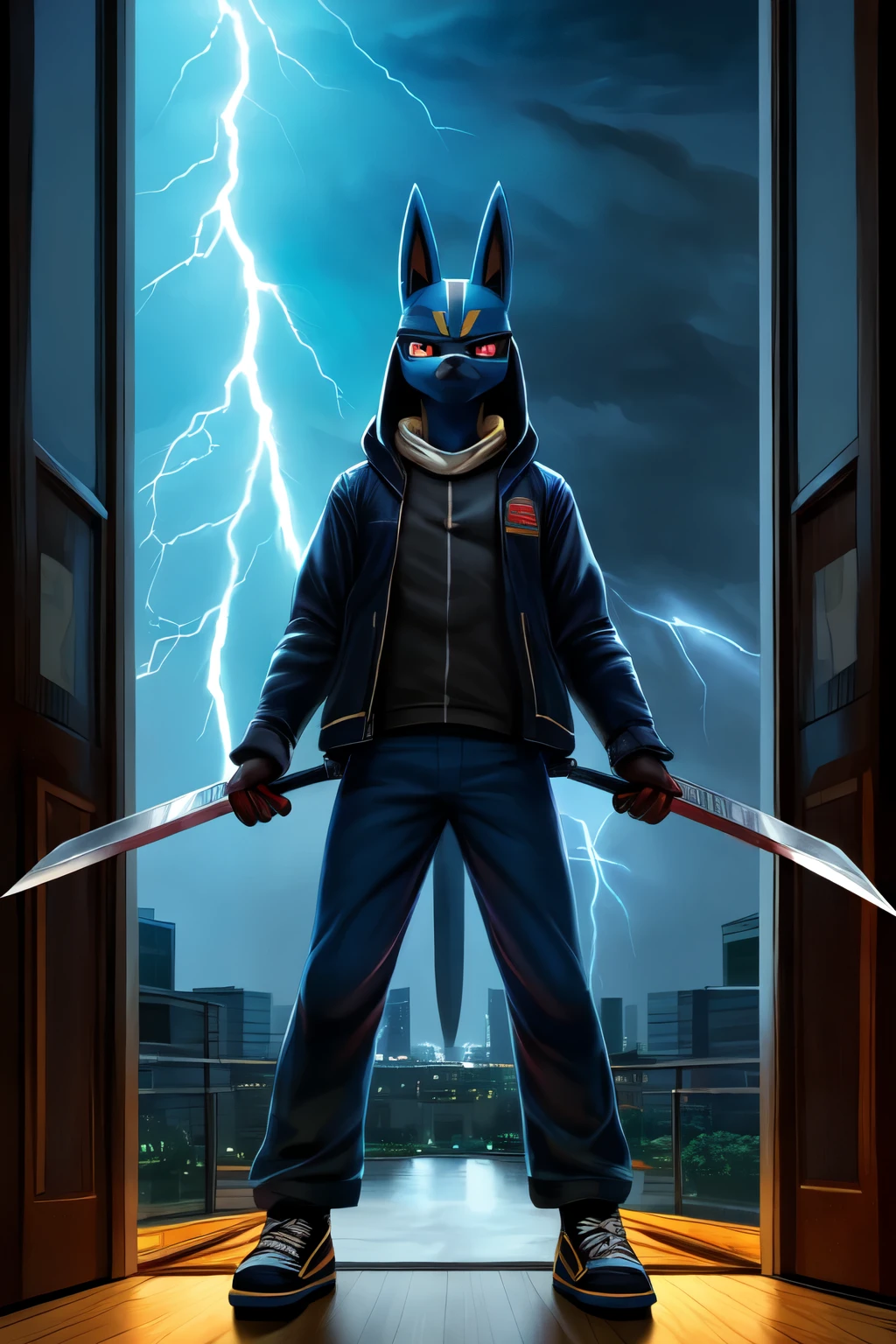 ((best quality)), ((masterpiece)), (detailed), 1boy, sad, anubis, god anubis, lucario, pokemon, jacket, pants, shoes, holding two swords, two swords, lightning, thunder, storm, hotel, blue glowing red eyes, furry, kemono
