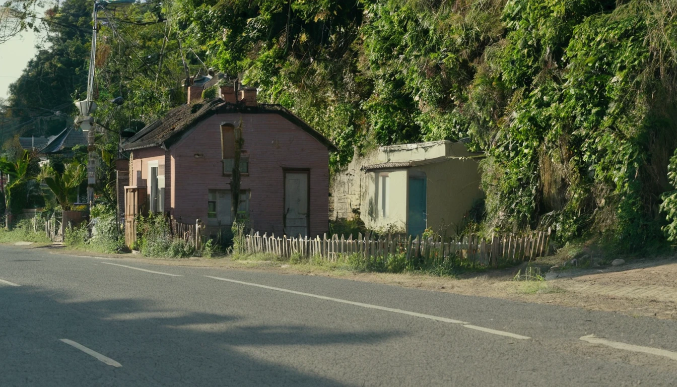 small house at the end of the street, quiet day, no people around
