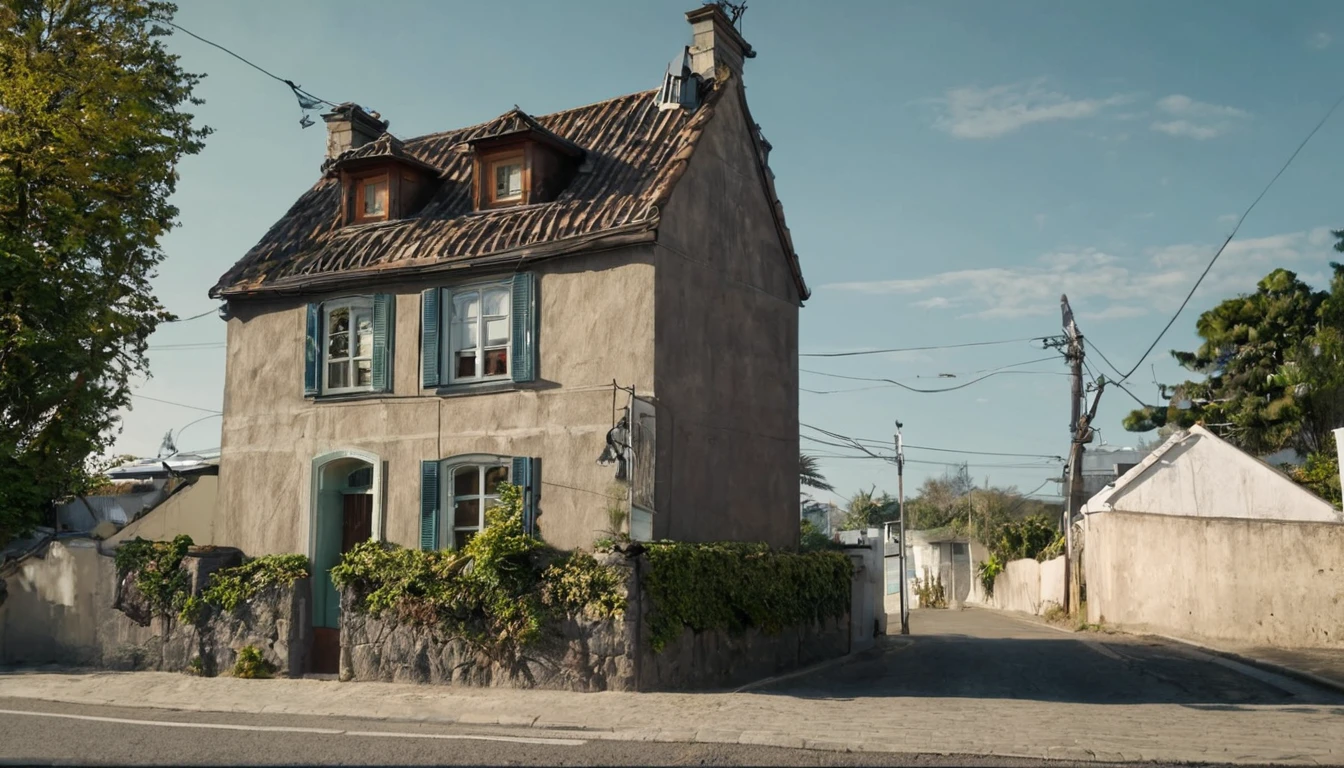 small house at the end of the street, quiet day, no people around