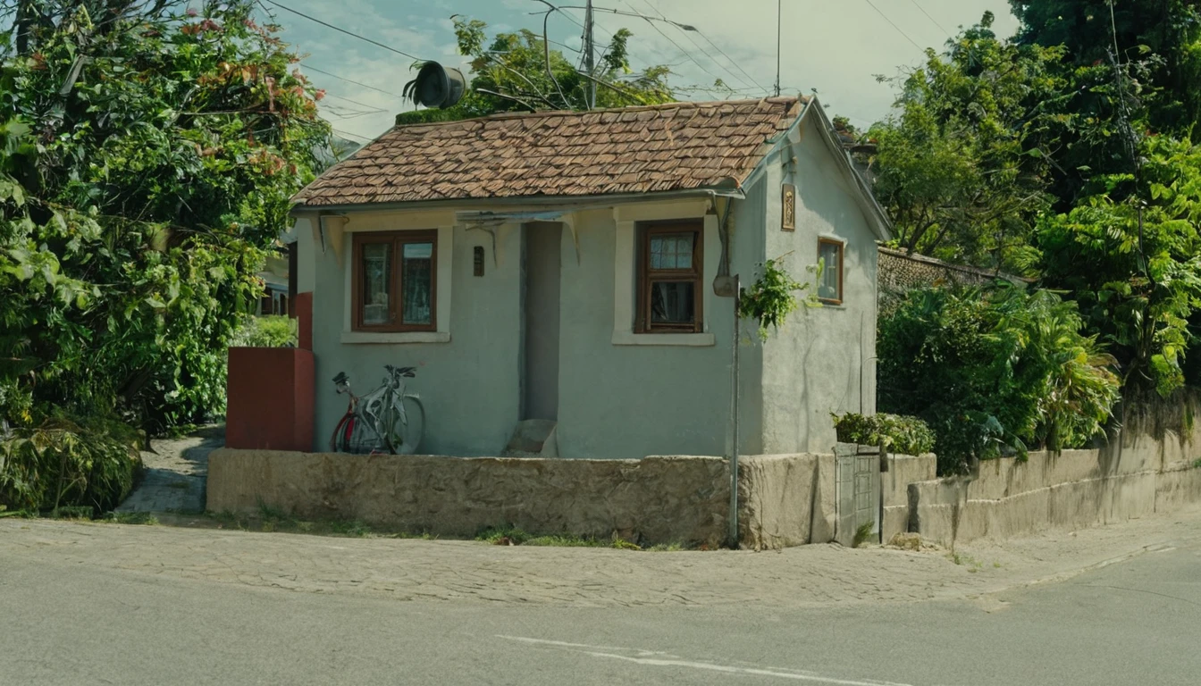 small house at the end of the street, quiet day, no people around
