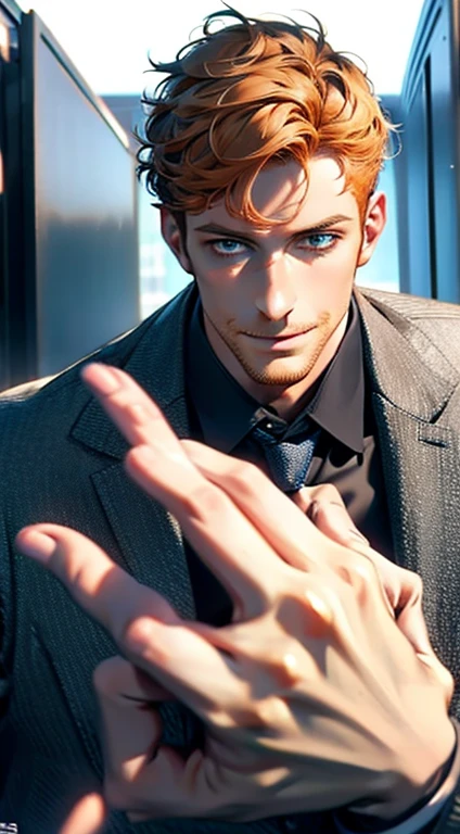 (best quality,4k,8k,highres,masterpiece:1.2),ultra-detailed,(realistic,photorealistic,photo-realistic:1.37),1 man,31 years old,mature man,very handsome,without expression,smile,short orange hair,blue eyes,penetrating gaze,perfect face without errors,imposing posture,businessman,office background,cinematic lighting,hdr image