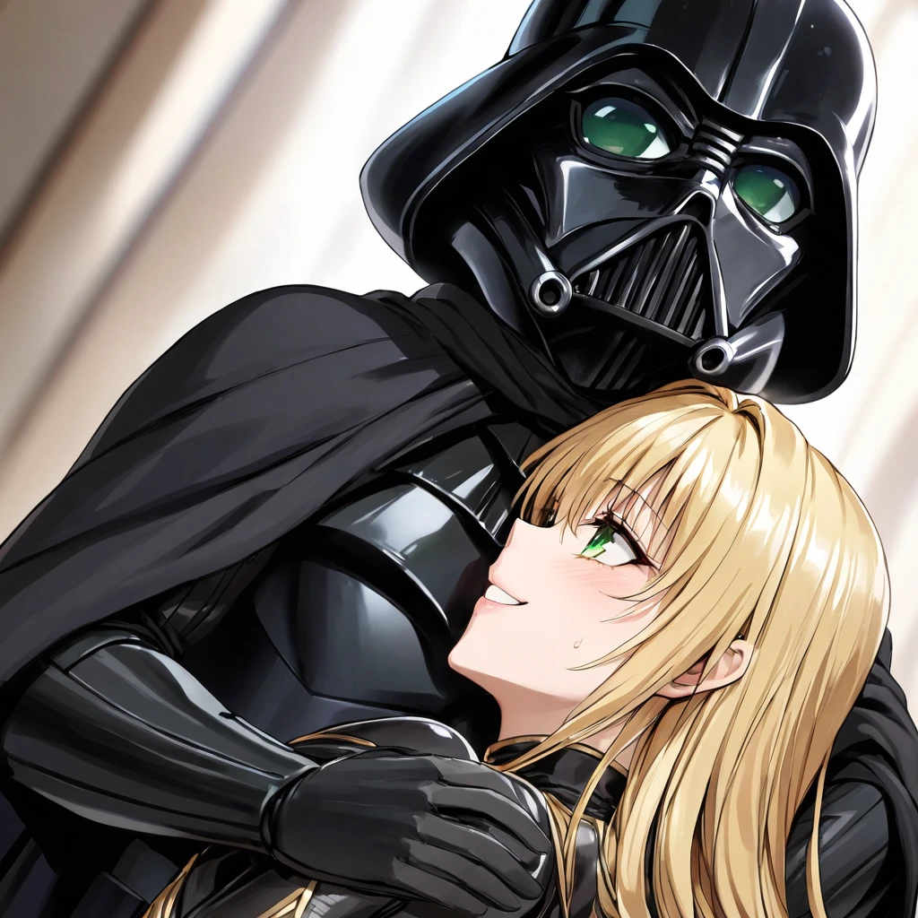 ((Highest quality)), ((masterpiece)), (detailed), （Perfect Face）、The woman is a female Darth Vader named Tiare, with green eyes, medium-long blonde hair, and is wearing a Darth Vader costume.、A woman is standing next to Darth Vader and being raped by him.