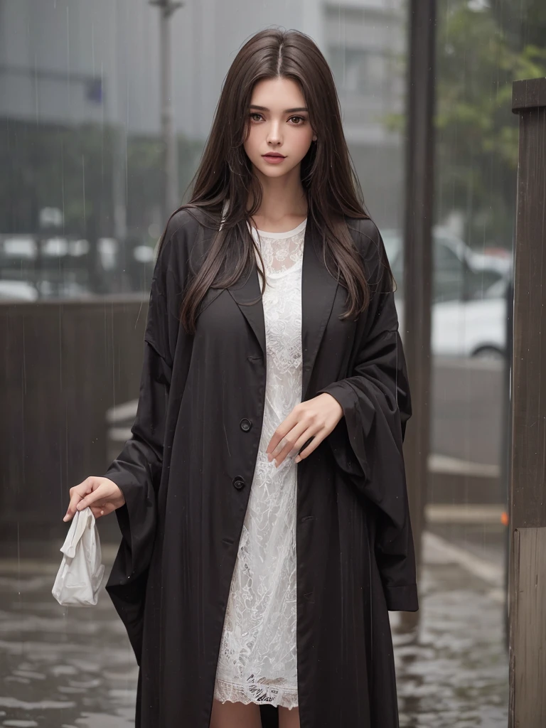 best quality,tmasterpiece,High resolution,Realistic,RAW photo,1girl,dark brown hair,Tall and tall,standing outside in the rain,Sense of strong contrast,Soft and textured skin, cold morning, With a shallow smile, With deep eyes