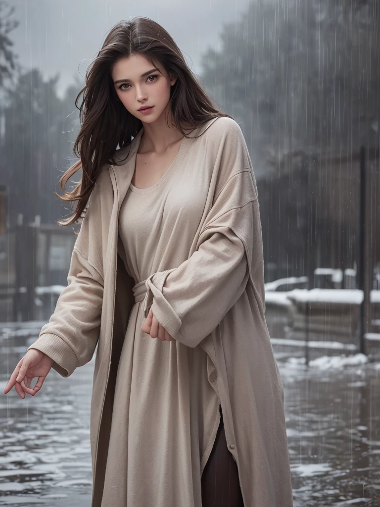 best quality,tmasterpiece,High resolution,Realistic,RAW photo,1girl,dark brown hair,Tall and tall,standing outside in the rain,Sense of strong contrast,Soft and textured skin, cold morning, With a shallow smile, With deep eyes