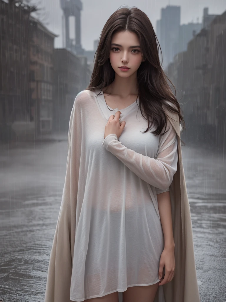 best quality,tmasterpiece,High resolution,Realistic,RAW photo,1girl,dark brown hair,Tall and tall,standing outside in the rain,Sense of strong contrast,Soft and textured skin, cold morning, With a shallow smile, With deep eyes