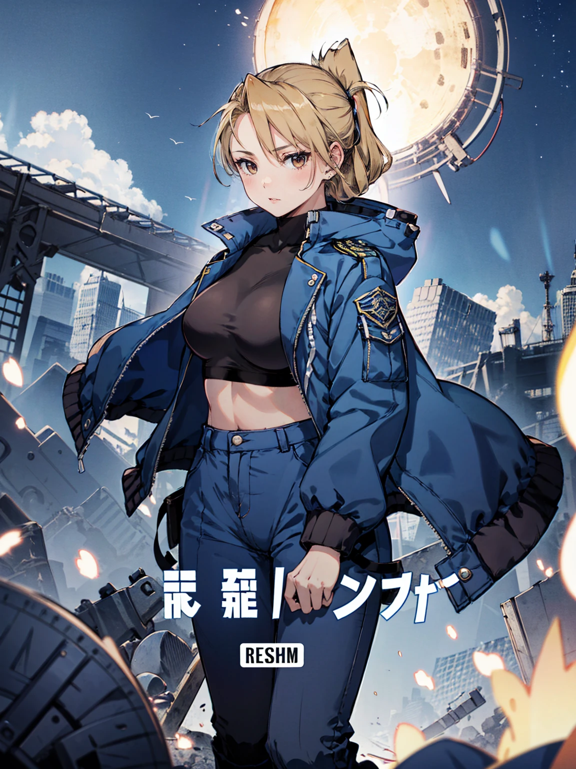 masterpiece, Highest quality, High resolution, One girl, (Blue jacketの下にBlack innerwearを着ている), Folded ponytail, Brown eyes, , (uniform, Blue jacket, Blue pants), ,Big Breasts, Black innerwear, (