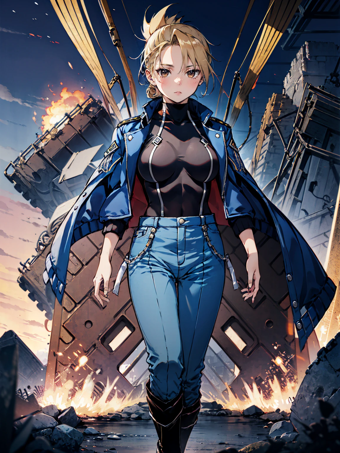 masterpiece, Highest quality, High resolution, One girl, (Blue jacketの下にBlack innerwearを着ている), Folded ponytail, Brown eyes, , uniform, Blue jacket, Blue pants, ,Big Breasts, Black innerwear, (