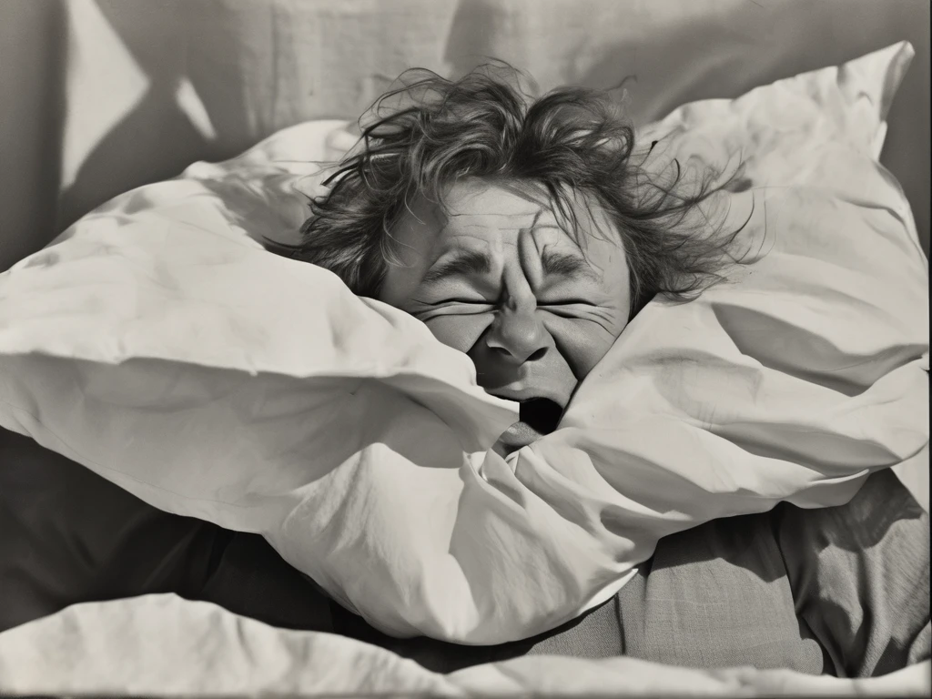 It depicts a high-energy photographic portrait of a person, in a crazy, windblown style. hitted by a pillow, The strong wind over-puffed his cheeks and rippled the skin waving cheeks and puffed in a funny way. The subject's facial expression is exaggerated, with squinted eyes, and the mouth stretched into a large toothy surprise expression, which emphasizes the dynamism and humorous nature. The overall composition is centered, focusing on the cheeks and hair. of the subject.