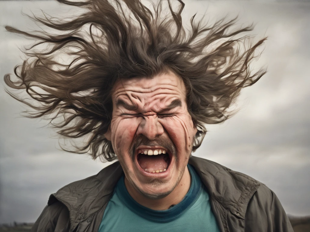 It depicts a high-energy photographic portrait of a person, in a crazy, windblown style. hitted by a pillow, The strong wind over-puffed his cheeks and rippled the skin waving cheeks and puffed in a funny way. The subject's facial expression is exaggerated, with squinted eyes, and the mouth stretched into a large toothy surprise expression, which emphasizes the dynamism and humorous nature. The overall composition is centered, focusing on the cheeks and hair. of the subject.