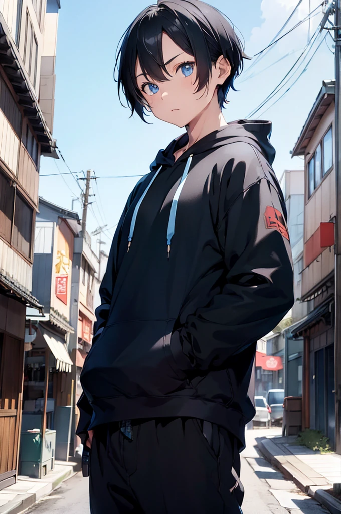 1boy, wearing hood, holding blue Japanese katana sword in left hand , short black hair, blue eyes, wearing black long sleeve hoodie with Japanese words, black large trousers, city, high res, ultrasharp, 8K, masterpiece, looking at the sky, 