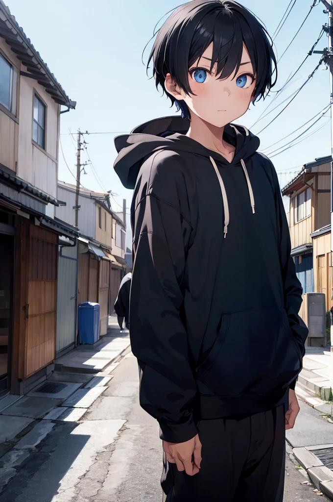 1boy, wearing hood, holding blue Japanese katana sword in left hand , short black hair, blue eyes, wearing black long sleeve hoodie with Japanese words, black large trousers, city, high res, ultrasharp, 8K, masterpiece, looking at the sky, 
