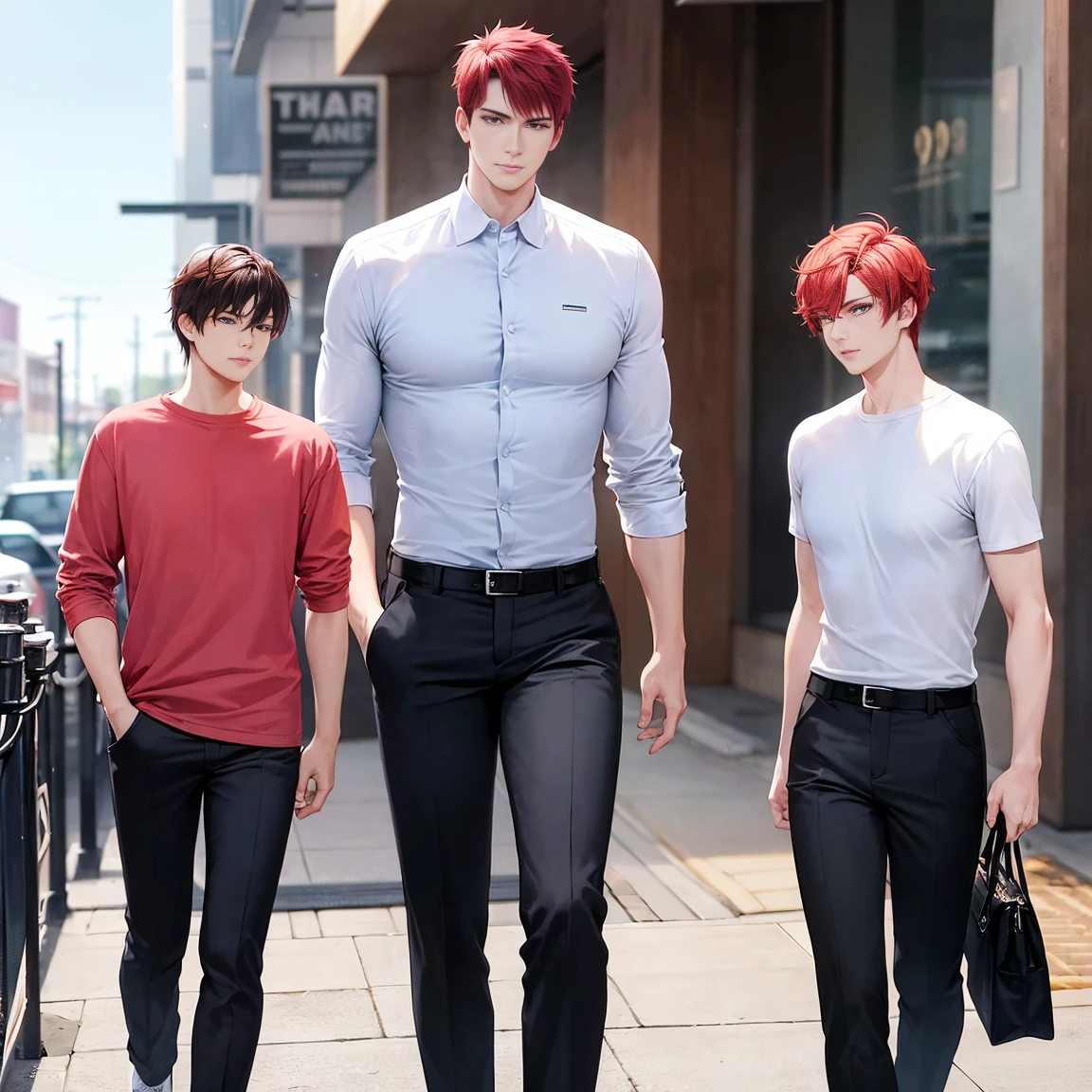 A one tall young adult man, he has a strong yet slim build, with medium red hair swept to the sides. His eyes are heterochromatic, cyan and pink respectively. His skin is light-toned, with a handsome and youthful face. He wears a white longline shirt and black pants, and on his feet, black sneakers.