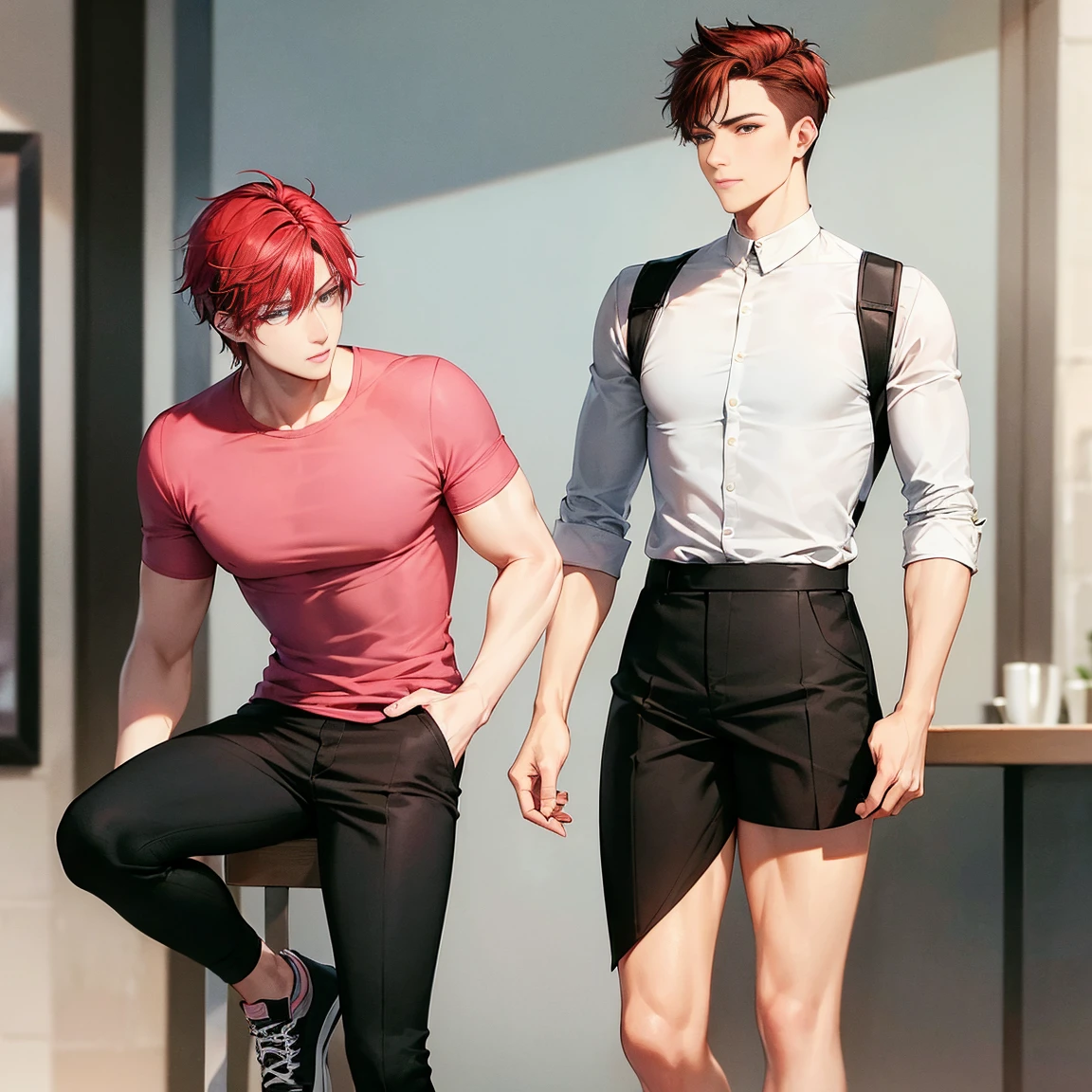 A one tall young adult man, he has a strong yet slim build, with medium red hair swept to the sides. His eyes are heterochromatic, cyan and pink respectively. His skin is light-toned, with a handsome and youthful face. He wears a white longline shirt and black pants, and on his feet, black sneakers.