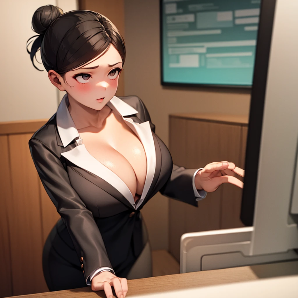 ((1girl)), (((Solo: 1.3))) ((Masterpiece)), (perfect anatomy), perfect shading, soft lighting, (best quality), 8k, extremely delicate and beautiful, perfect lighting, front lighting, detailed face, ultra cute face, cute, (Sayama), ((black hair with bun)), ahegao, moaning, ((black suit)), (humongous breasts: 1.4), thick thighs, topheavy, ((cleavage)), thicc, ((close up shot)), office room