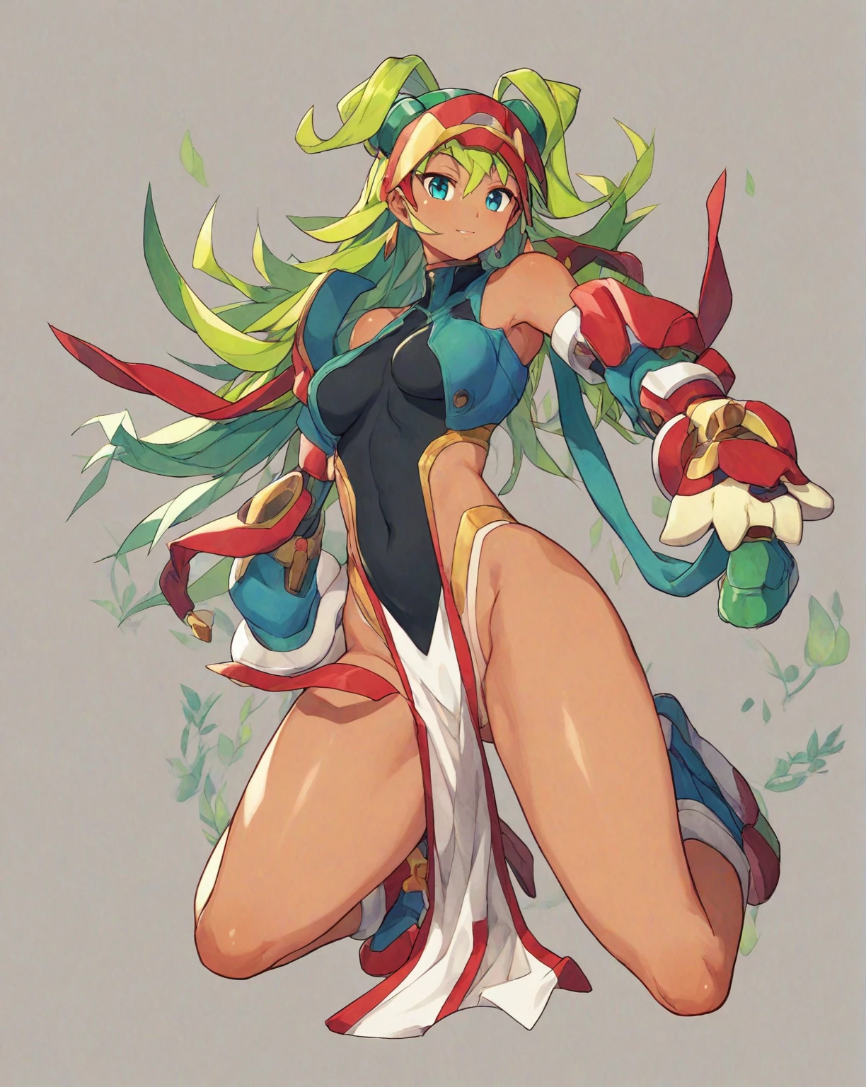 1in kinu-sensei artstyle, Kinu Nishimura style, muted pastel colors, 1girl, tanned female, curvaceous figure, medium breasts, large hips, hourglass figure, solo, pelvic curtain, bare shoulders, bare legs, reploid, In this detailed image, we see a Reploid character from the "Mega Man X" series, specifically with the design from "Mega Man X8." The Reploid features a futuristic and functional design, incorporating a blend of military and utilitarian aesthetics. The character is depicted in a full-body armor suit predominantly colored in vibrant greens, with contrasting red and white accents, kinu-sensei artstyle,