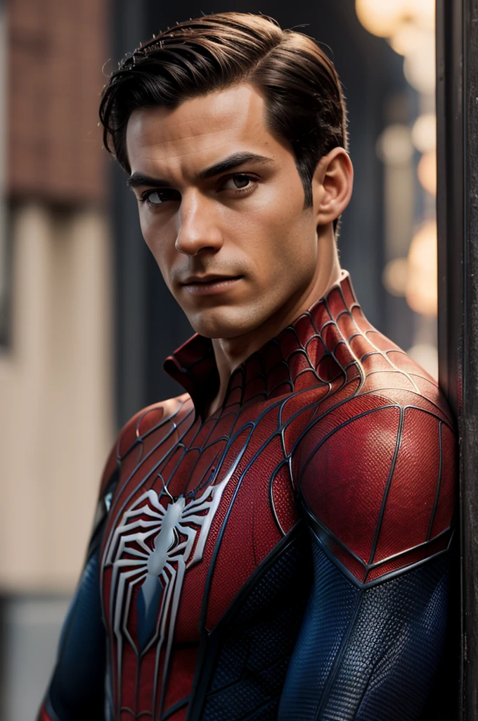 A photograph of Spider-Man., sin mascara, the 20s, elegant, detailed face, looking to the camera, portrait, 8k hd, high quality
