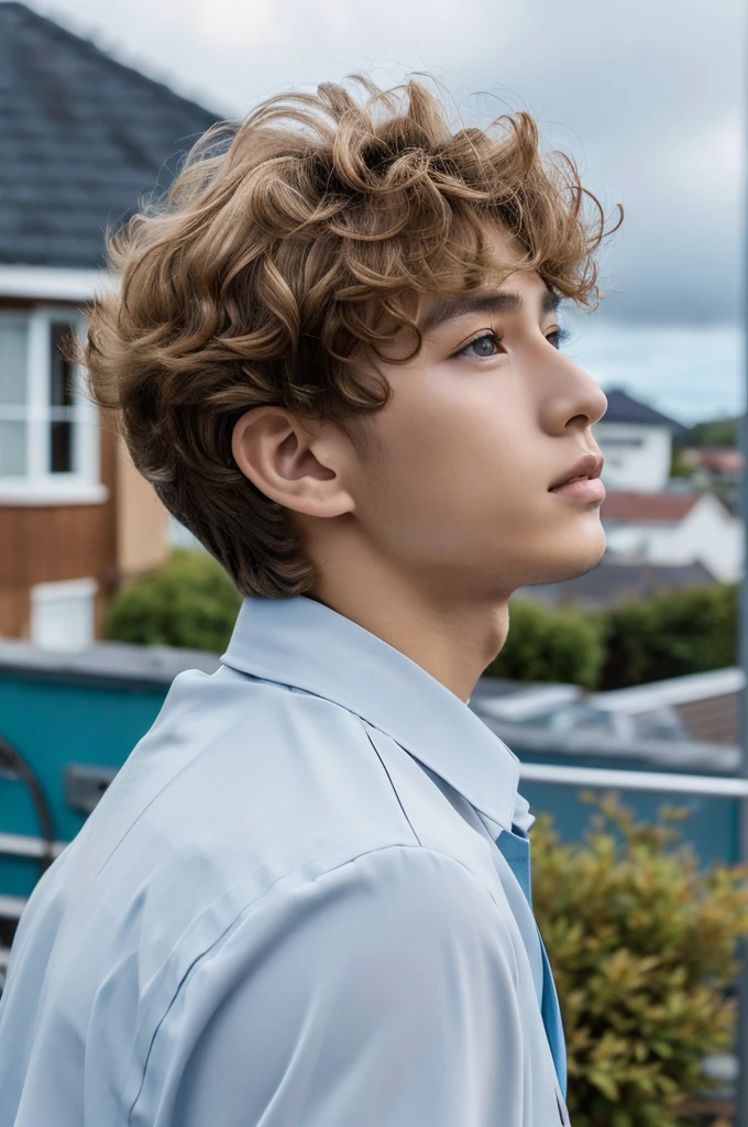 Beautiful and handsome very realistic curly-ish blonde-caramel haired softboy-ish BTS-like kinda young asian male boy looking up in a open area with a house in the background and a light blue kinda cloudy sky, frontal vision