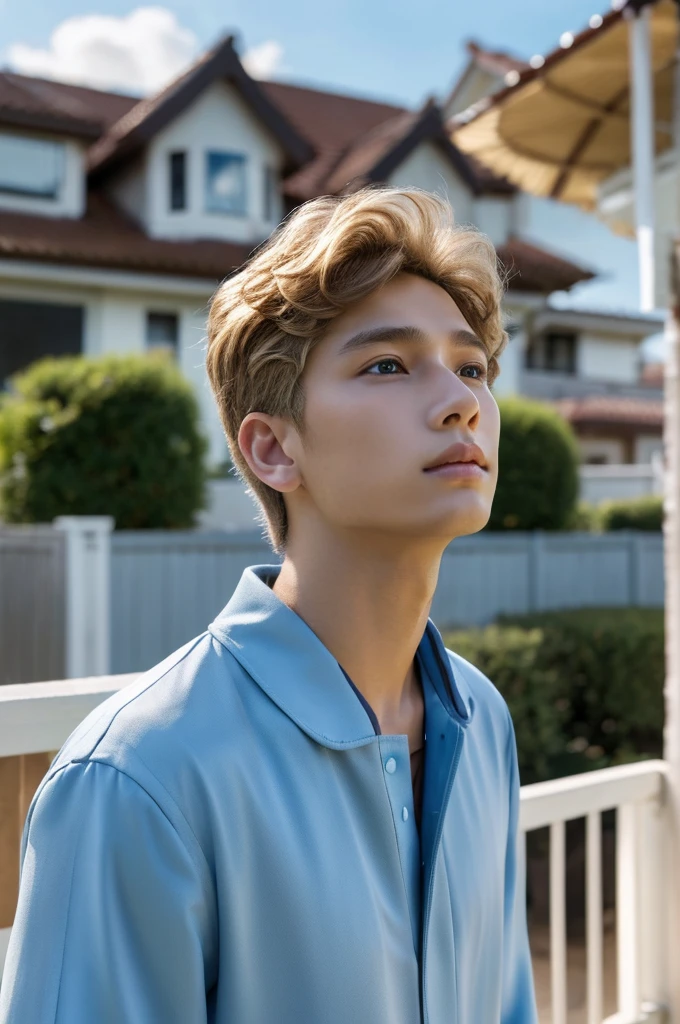 Beautiful and handsome very realistic curly-ish blonde-caramel haired softboy-ish BTS-like kinda young asian male boy looking up in a open area with a house in the background and a light blue kinda cloudy sky, frontal vision