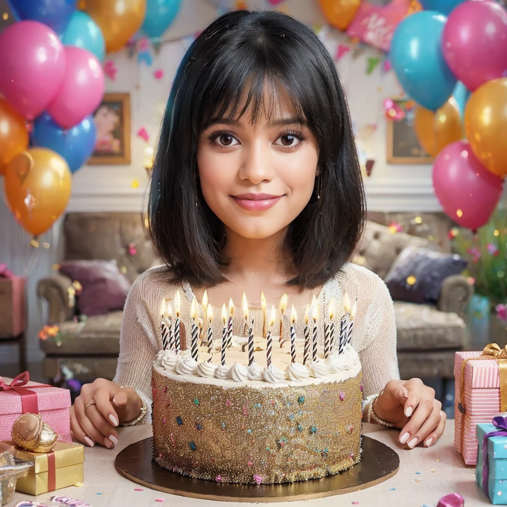 A scene depicting a birthday celebration: a glittering birthday cake decorated with burning candles sits in front of a cheerful 30-year-old South Asian woman, shoulder-length straight black hair with bangs, surrounded by colorful balloons and wrapped in gifts. She was dressed in casual yet classy attire, her hands gently hovering over the cake, ready to blow out the candles against the backdrop of her well-decorated living room.