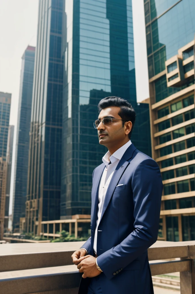 Confident rich eastern indian business man executive standing in modern big city looking and dreaming of future business success, thinking of new goals, business vision and leadership concept.